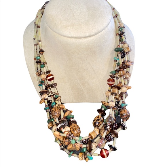 Vintage Multi Strand Gemstone Bead Shell Ethnic Tribal Necklace - Picture 3 of 6